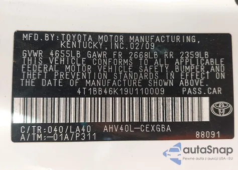 2009 Toyota Camry Hybrid from USA, damaged, VIN 4T1BB46K19U110009